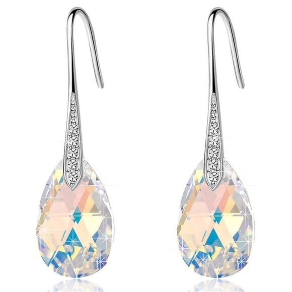 14K White Gold with Iridescent AB Austrian Crystal Teardrop Drop Hook Earrings